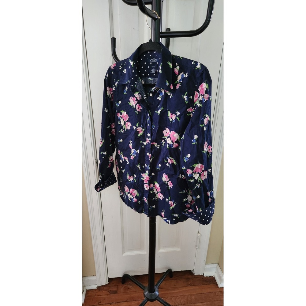 Chaps Women L Navy Blue Floral Button Down Shirt No Iron Long Sleeve Polka Dot